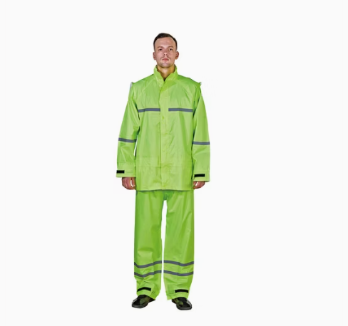 Waterproof Chemical Resistant Rubberized Hooded Working Raincoat Two Pieces High Visibility Reflective Tape Polyester PVC Rainsuit Roadside Safety Jackets NWPC- R015